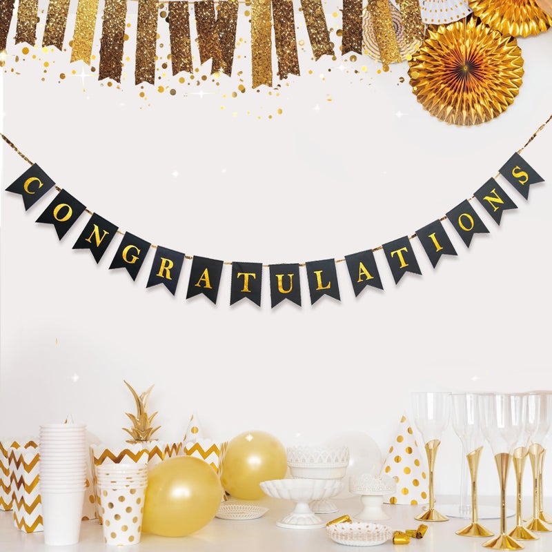 Decor365 Gold Black Congratulations Banner for Graduatoin Party Decoration Swallowtail Pennant Flags Bunting Hanging Congrats Sign for New Job Promotion Retirement Team Parties- No DIY Needed - Image 1